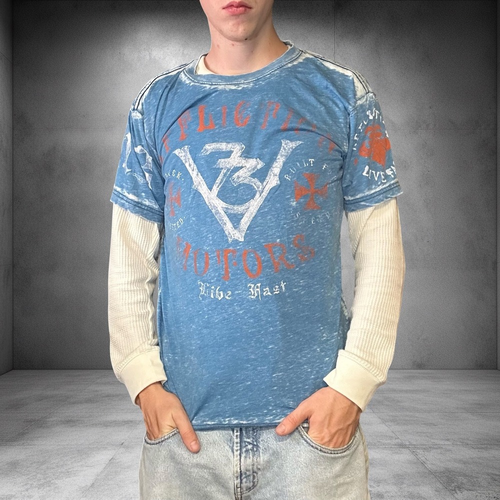 Affliction Motors T Shirt Blue Acid Wash Distressed Biker Y2K Streetwear Graphic